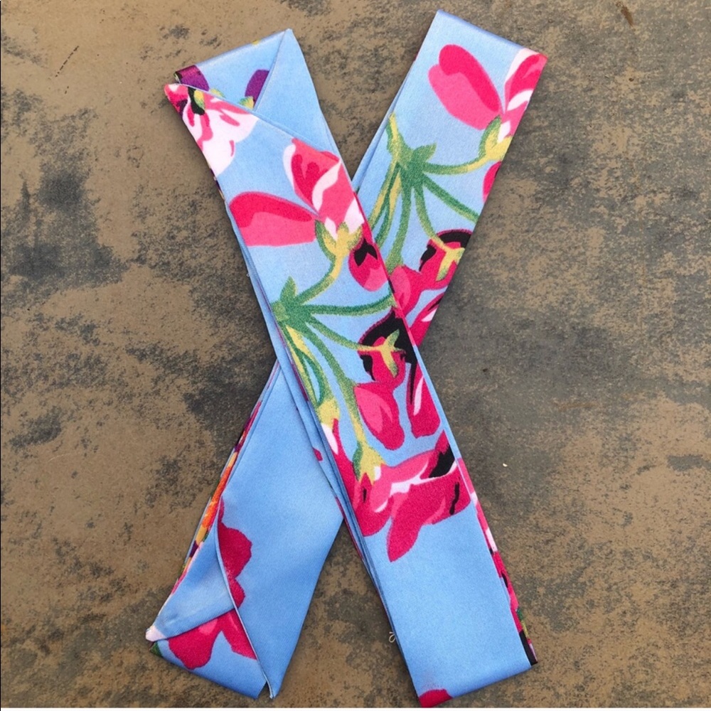 2pc Blue Floral Silk Scarf Handbag Wrap Twillys